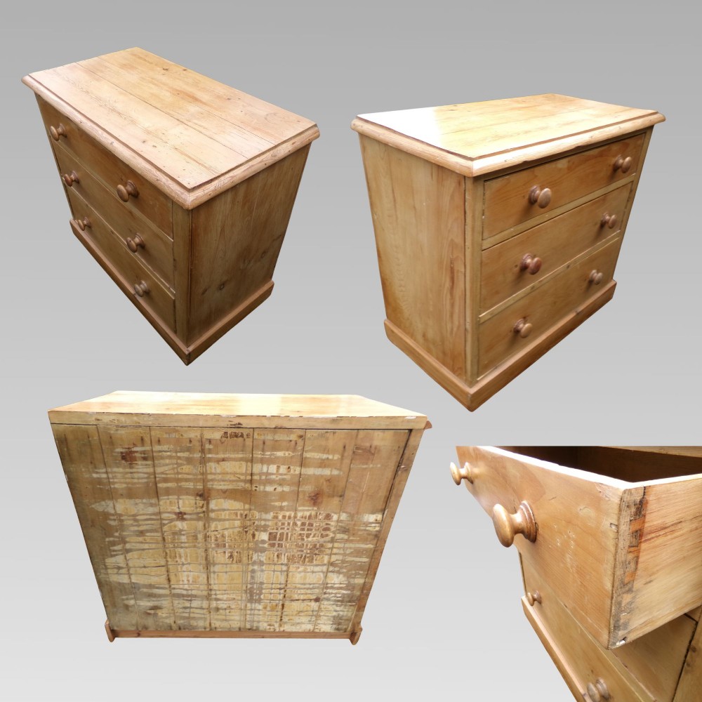 A nineteenth-century Victorian pine chest of drawers featuring three full-width drawers with turned wooden knob handles and a flat plinth base. View III