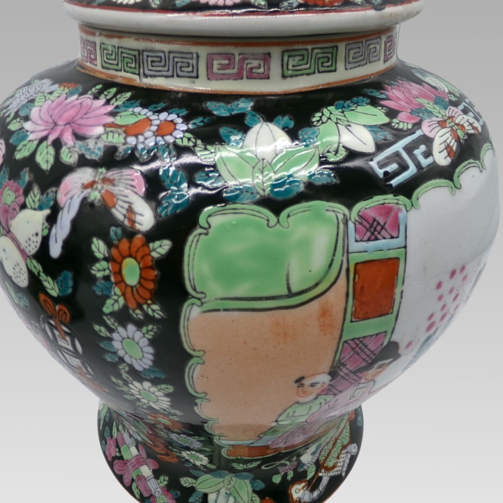 Stunning Chinese Famille Noir Oriental Hand Painted Lidded Ginger Spice Jar Urns View IX