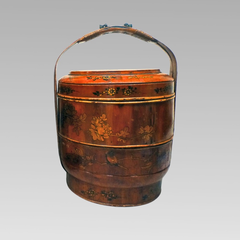 One Fabulous Antique Oriental Chinese Bamboo Chinoiserie Lacquer Wedding Food Basket