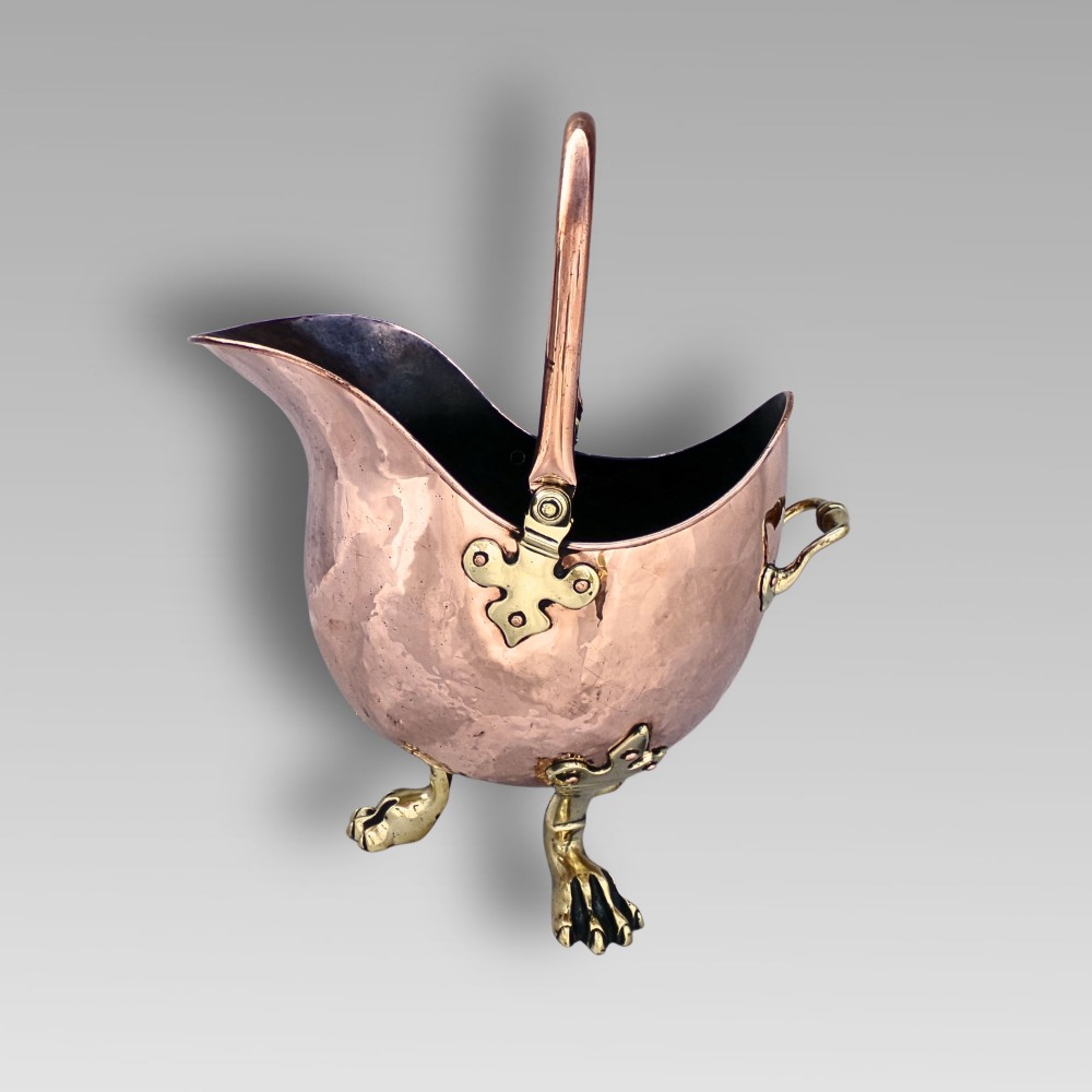 Fabulous Antique 19th Century Copper Brass Claw Feet Coal Bucket Helmet Scuttle View II