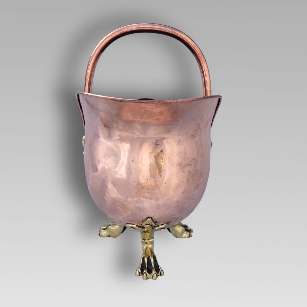 Fabulous Antique 19th Century Copper Brass Claw Feet Coal Bucket Helmet Scuttle View VIII