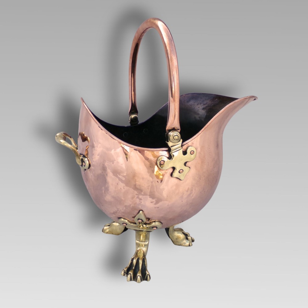 Fabulous Antique 19th Century Copper Brass Claw Feet Coal Bucket Helmet Scuttle