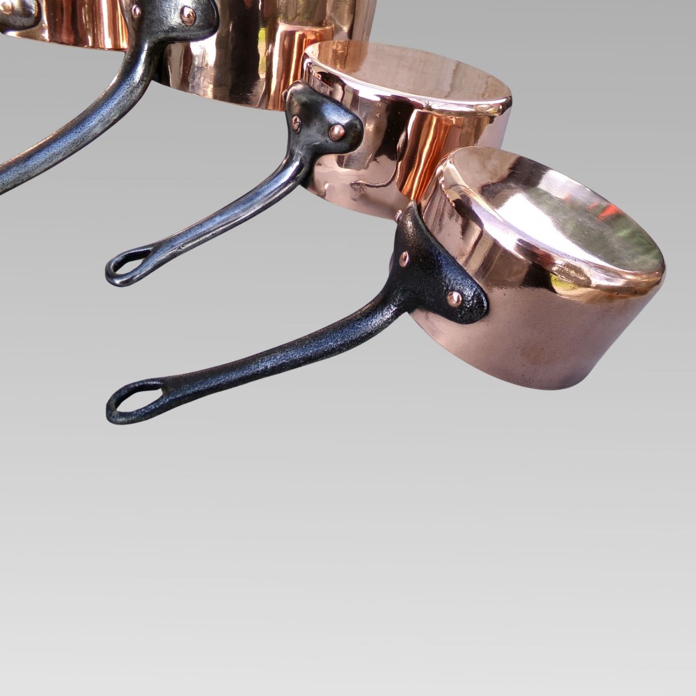 Stunning Vintage French Set of 7 Graduated Copper & Iron Cooking Saucepans Pans View III