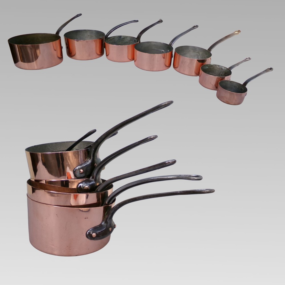 Stunning Vintage French Set of 7 Graduated Copper & Iron Cooking Saucepans Pans View V