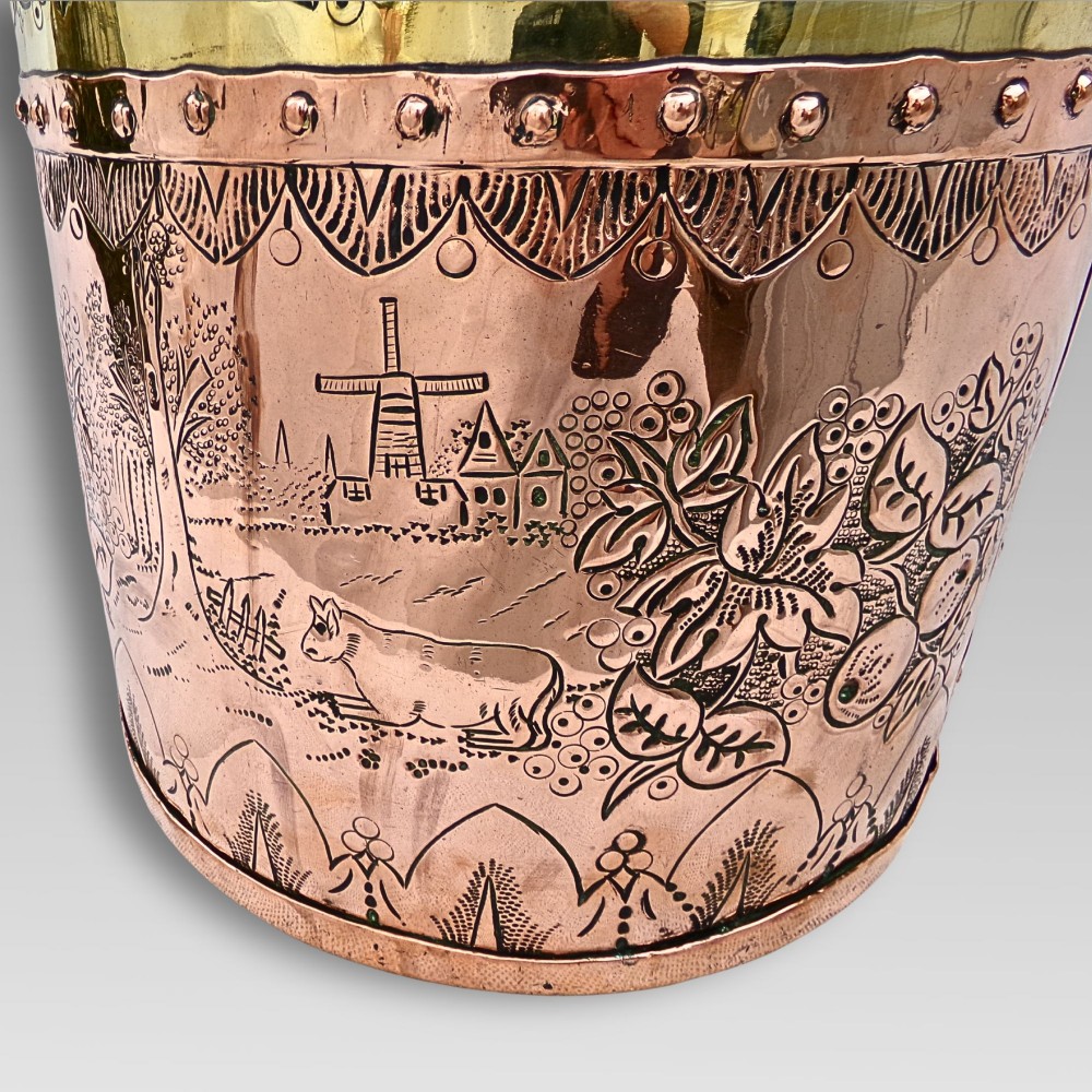 Unusual Antique Arts & Crafts Riveted Copper & Brass Coal Fireplace Log Bucket View II