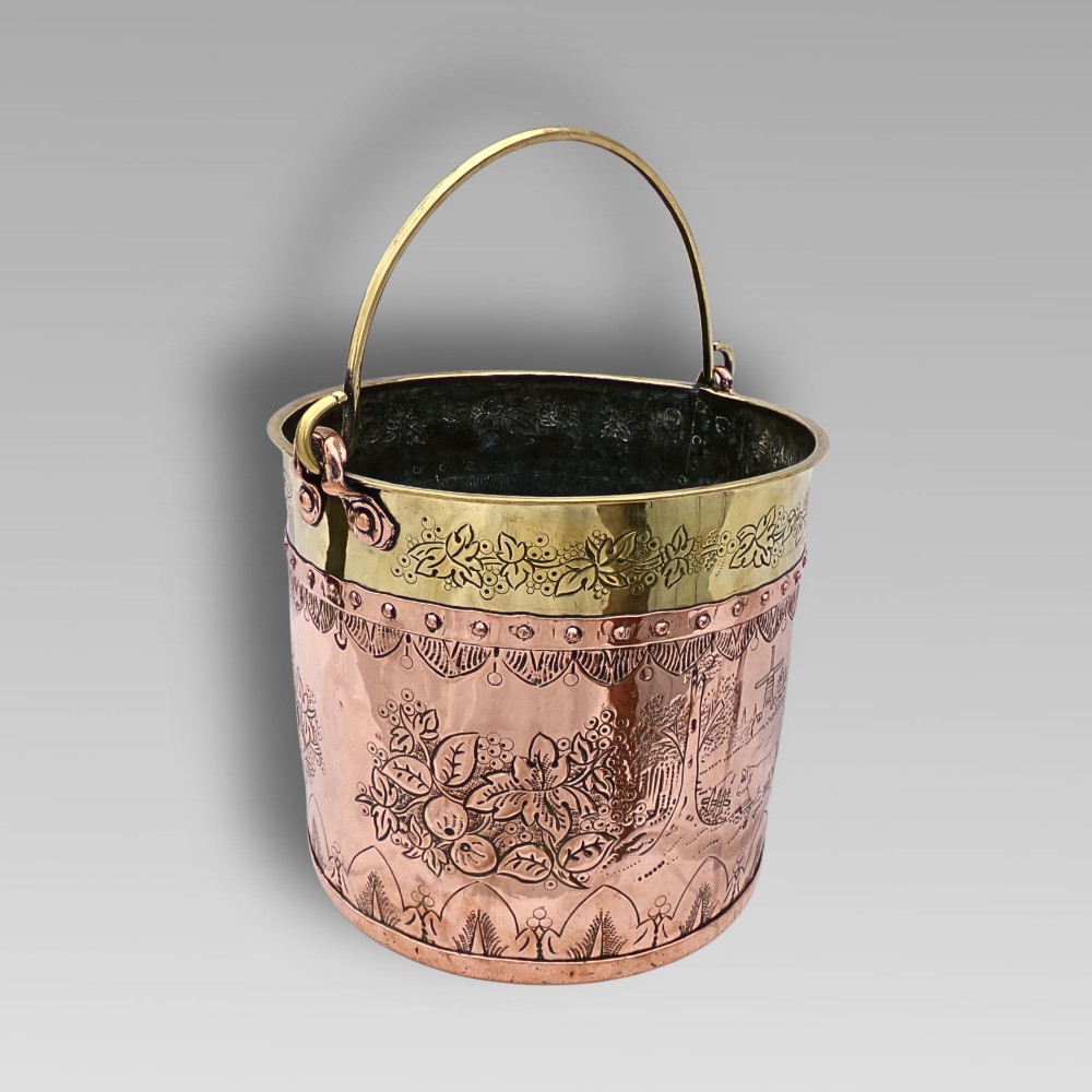 Unusual Antique Arts & Crafts Riveted Copper & Brass Coal Fireplace Log Bucket View IV