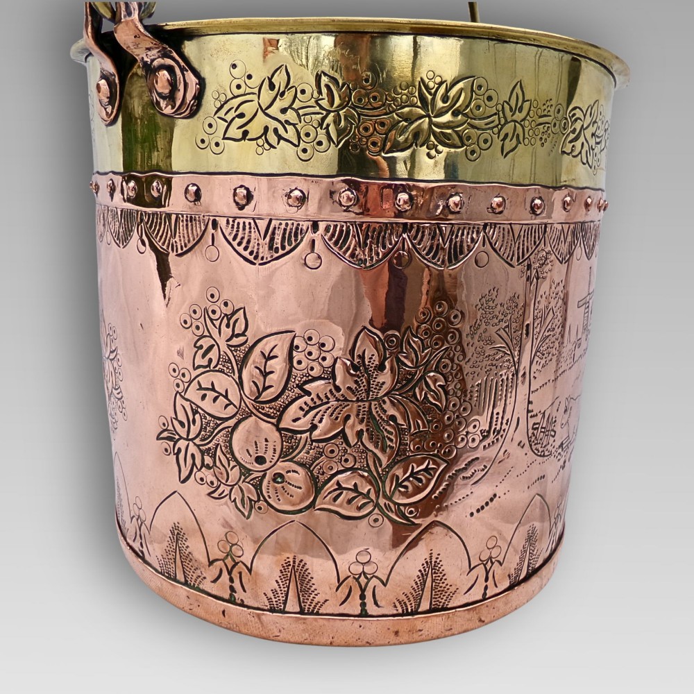 Unusual Antique Arts & Crafts Riveted Copper & Brass Coal Fireplace Log Bucket View V