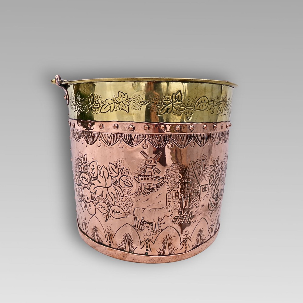 Unusual Antique Arts & Crafts Riveted Copper & Brass Coal Fireplace Log Bucket View VI