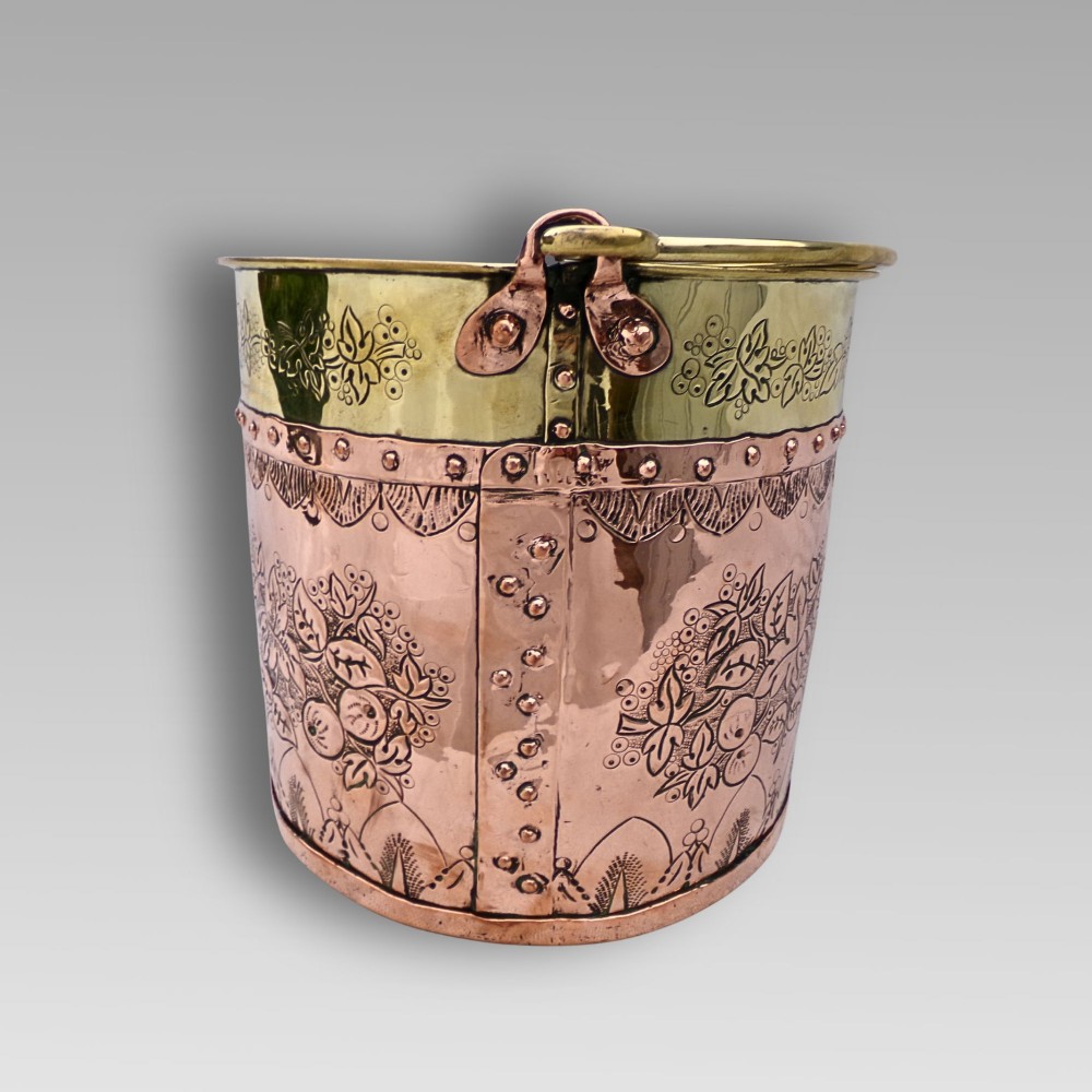 Unusual Antique Arts & Crafts Riveted Copper & Brass Coal Fireplace Log Bucket View IX