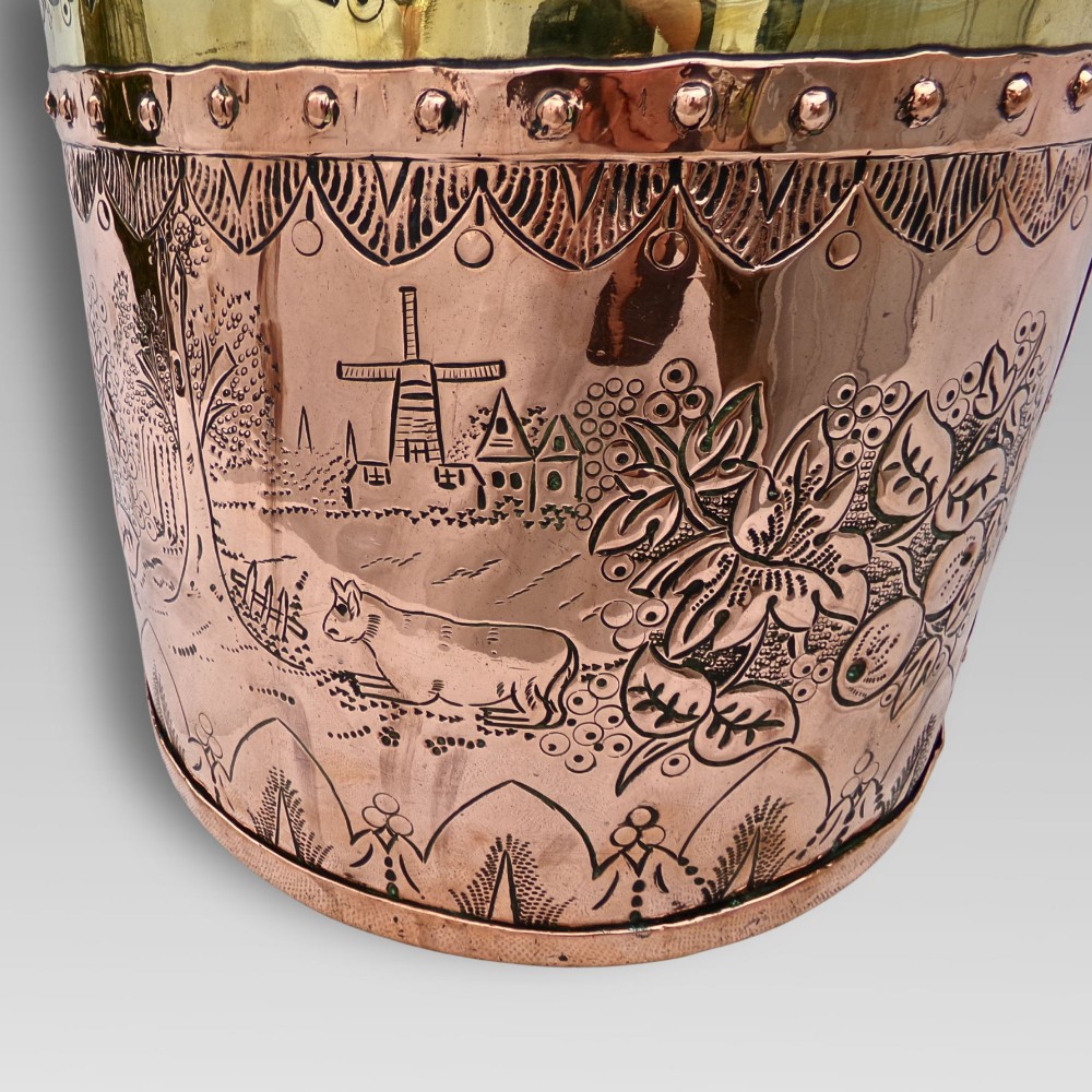 Unusual Antique Arts & Crafts Riveted Copper & Brass Coal Fireplace Log Bucket View X
