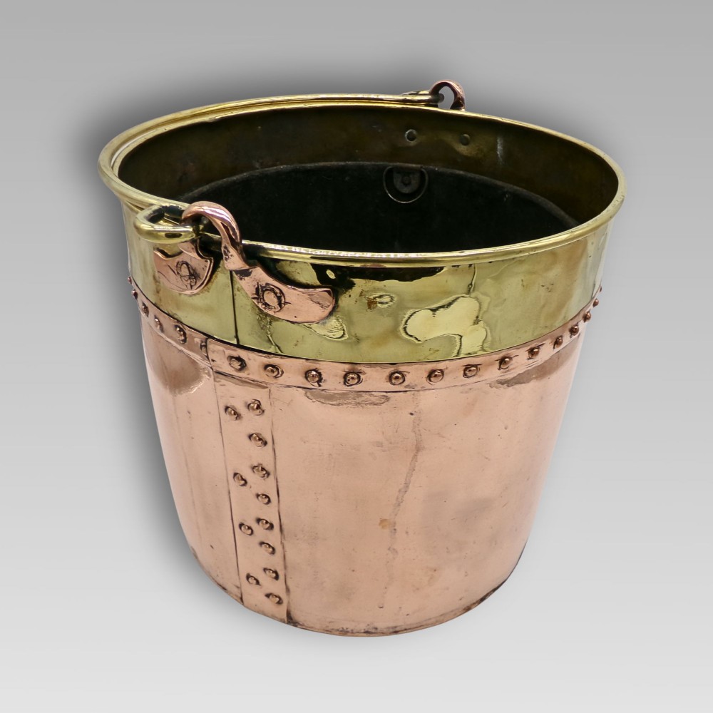 Quality Large Antique Riveted Polished Copper & Brass Coal Fireplace Log Bucket