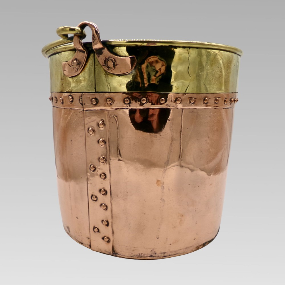 Quality Large Antique Riveted Polished Copper & Brass Coal Fireplace Log Bucket View II