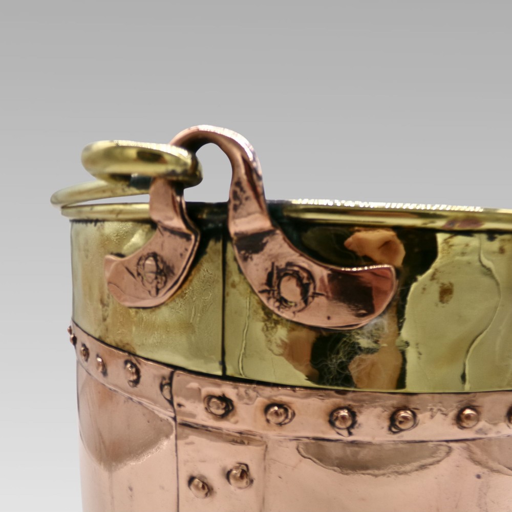 Quality Large Antique Riveted Polished Copper & Brass Coal Fireplace Log Bucket View III