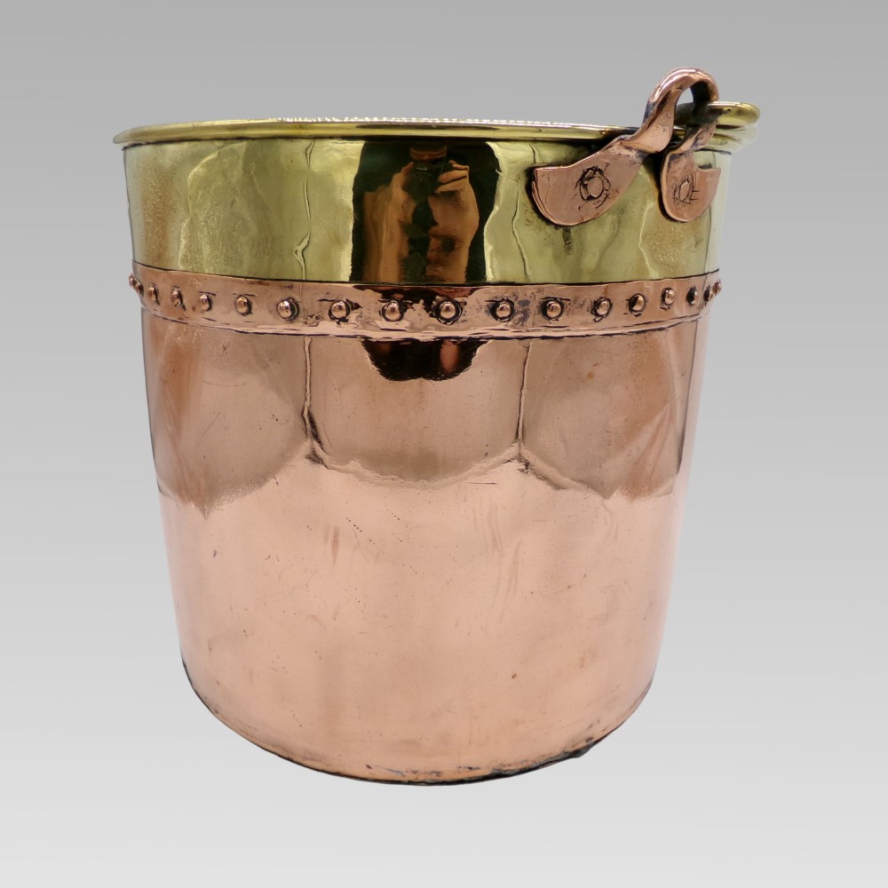 Quality Large Antique Riveted Polished Copper & Brass Coal Fireplace Log Bucket View IV