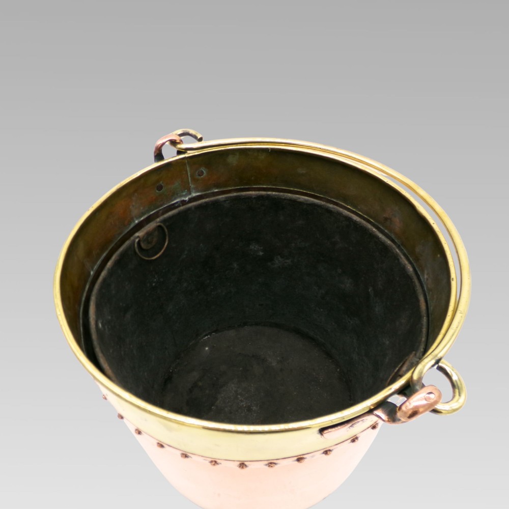 Quality Large Antique Riveted Polished Copper & Brass Coal Fireplace Log Bucket View V