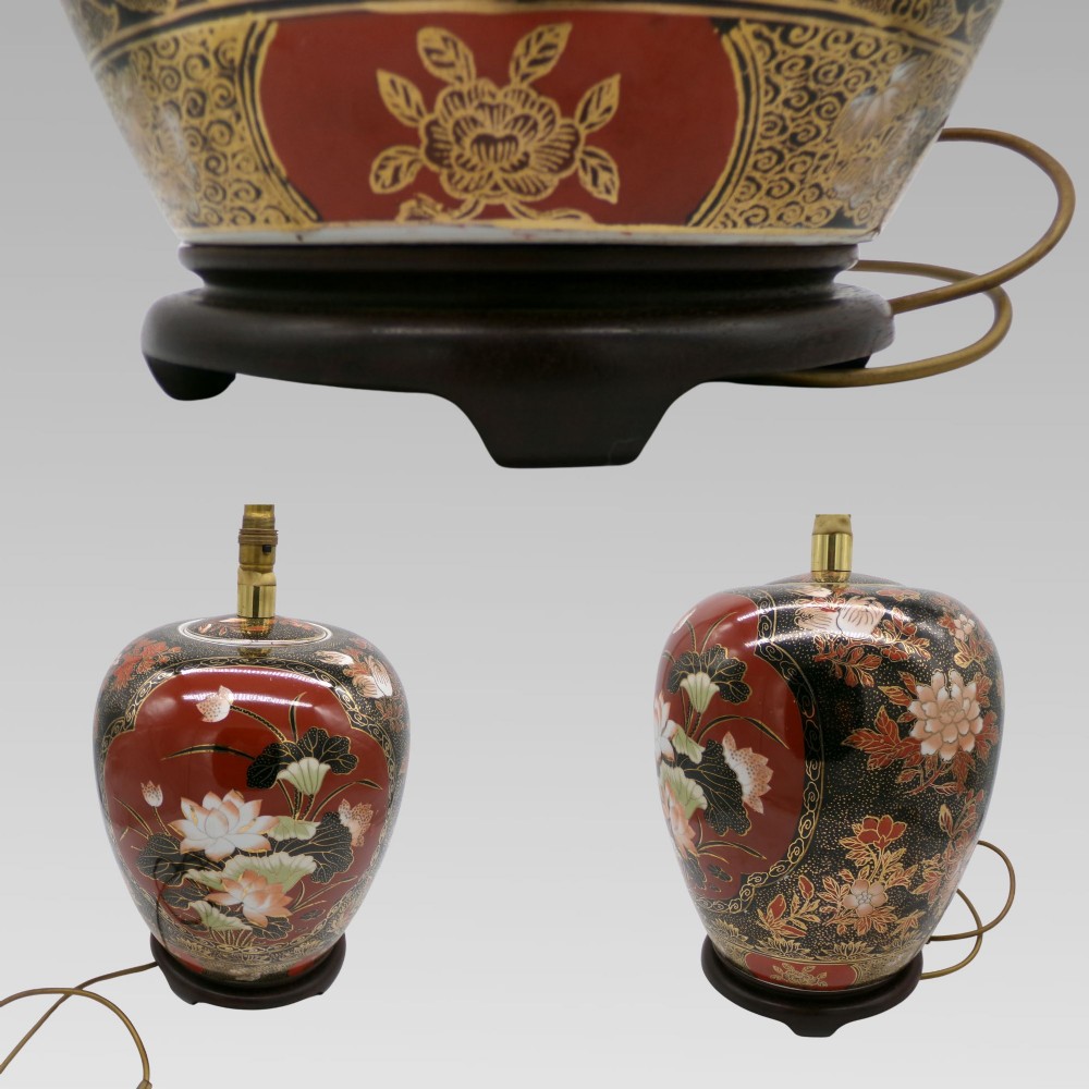 Large Red Floral Vintage Chinese Oriental Satsuma Style Bulbous Vase Table Lamp View IV