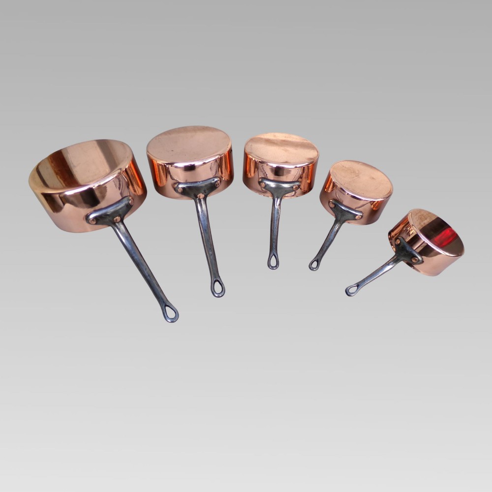 Stunning Vintage French Set of 5 Graduated Copper & Iron Cooking Saucepans Pans