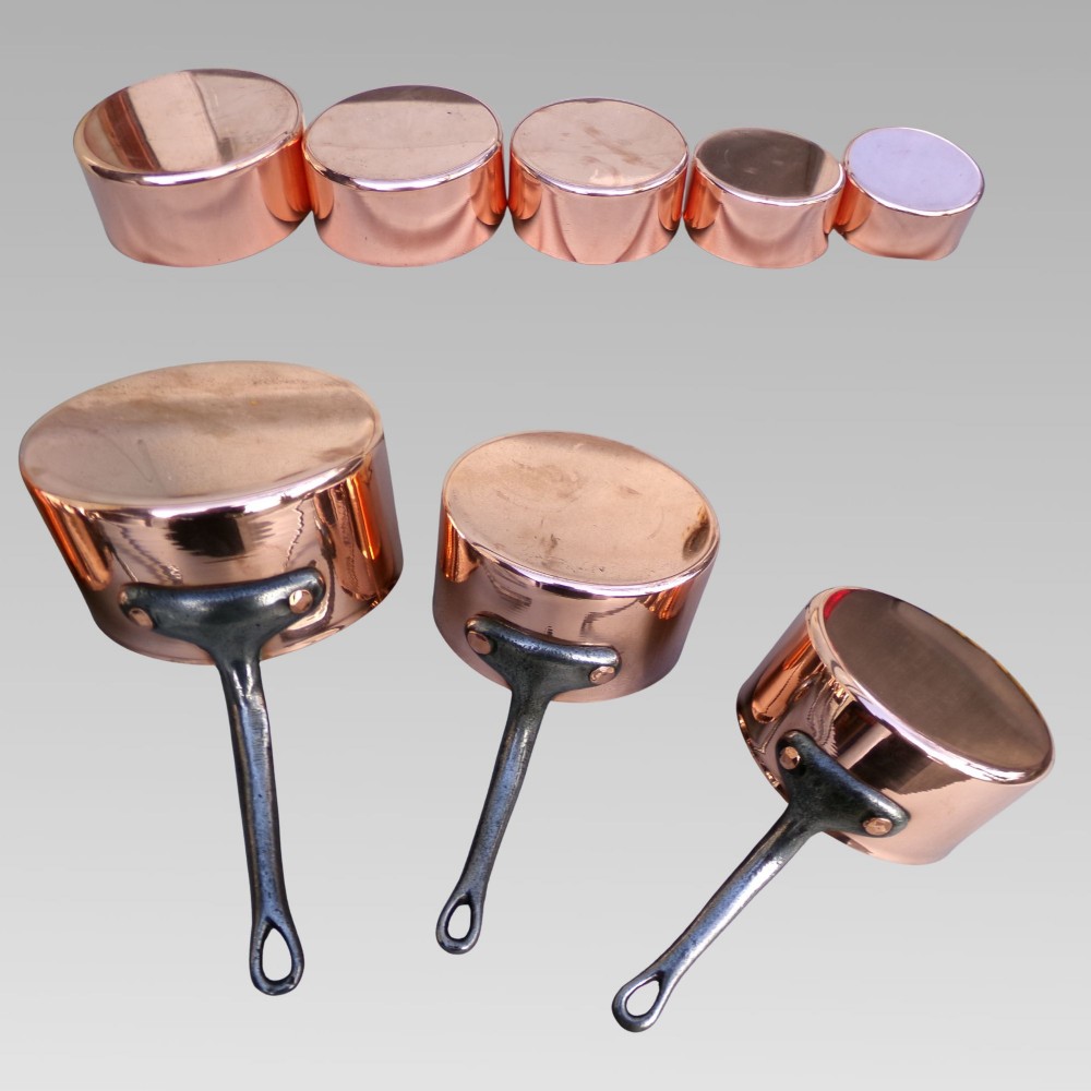 Stunning Vintage French Set of 5 Graduated Copper & Iron Cooking Saucepans Pans View II