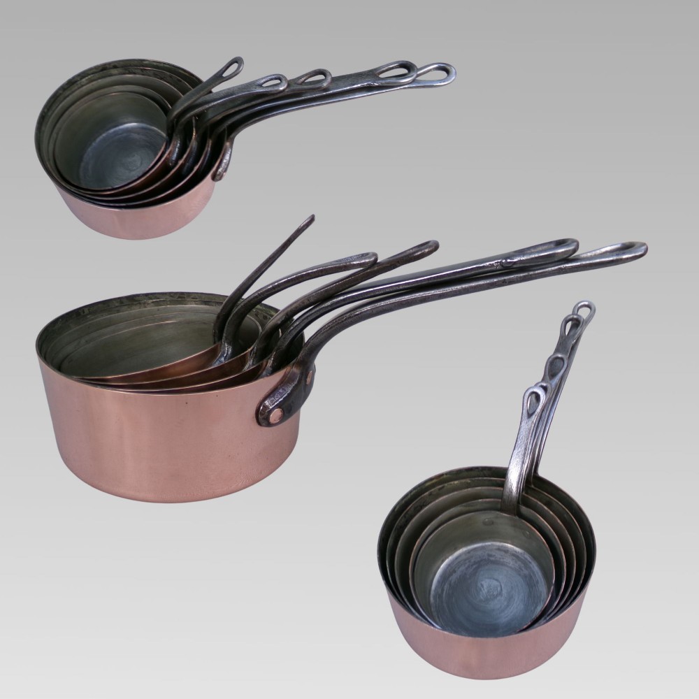 Stunning Vintage French Set of 5 Graduated Copper & Iron Cooking Saucepans Pans View IV