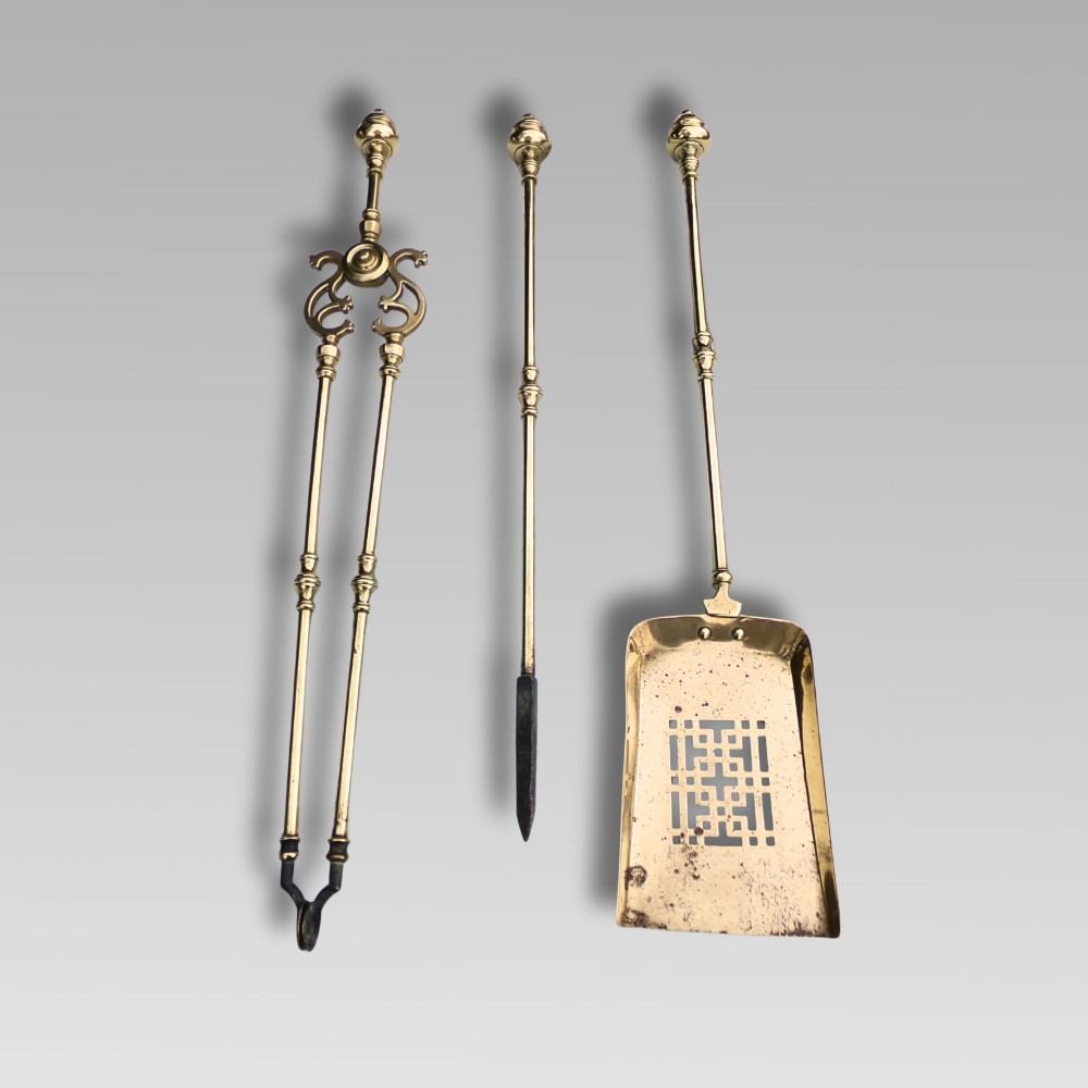 Fabulous Antique 19th Polished Brass 3 Piece Companion Set Fire Irons Tools