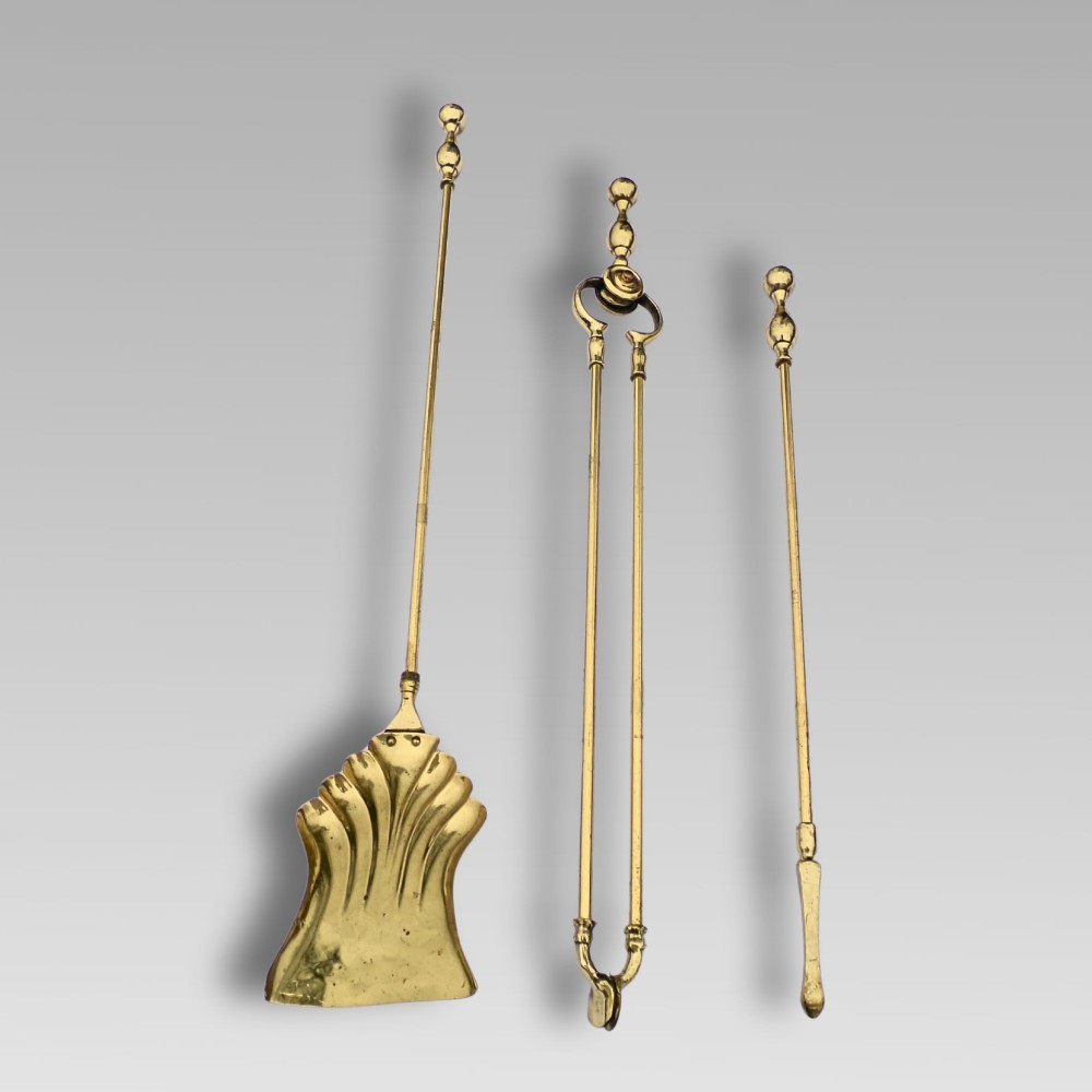 Fabulous Antique 19th Polished Brass 3 Piece Companion Set Fire Irons Tools