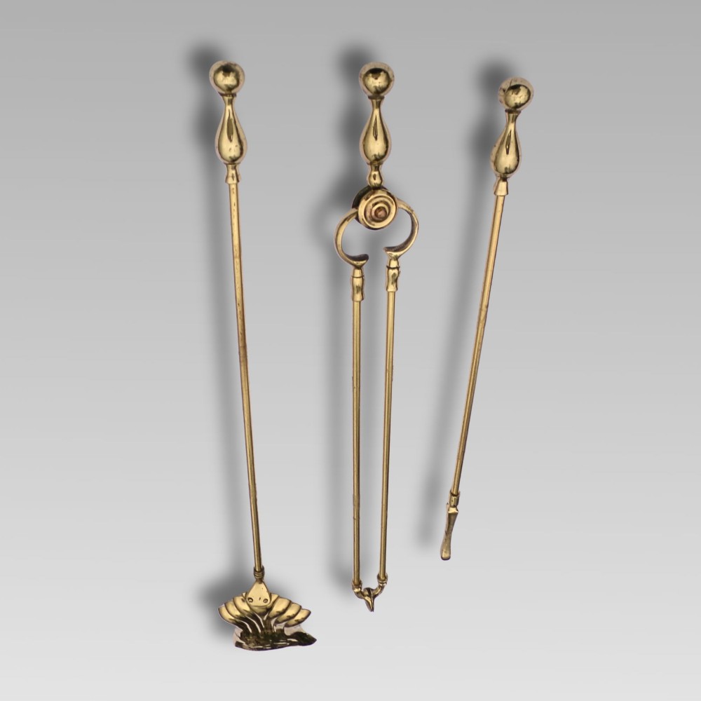 Fabulous Antique 19th Polished Brass 3 Piece Companion Set Fire Irons Tools View IX