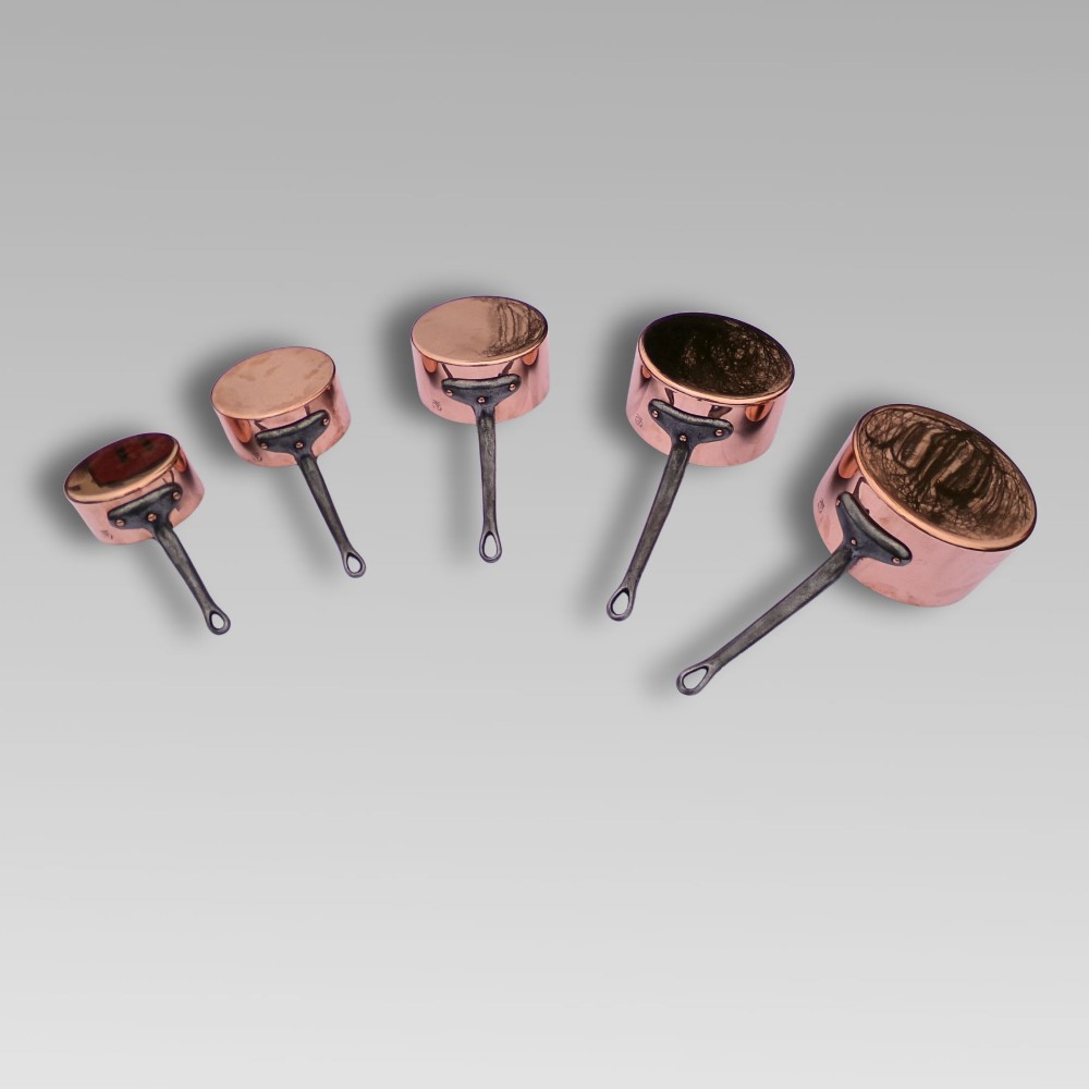 Stunning Vintage French Set of 5 Graduated Copper & Iron Cooking Saucepans Pans