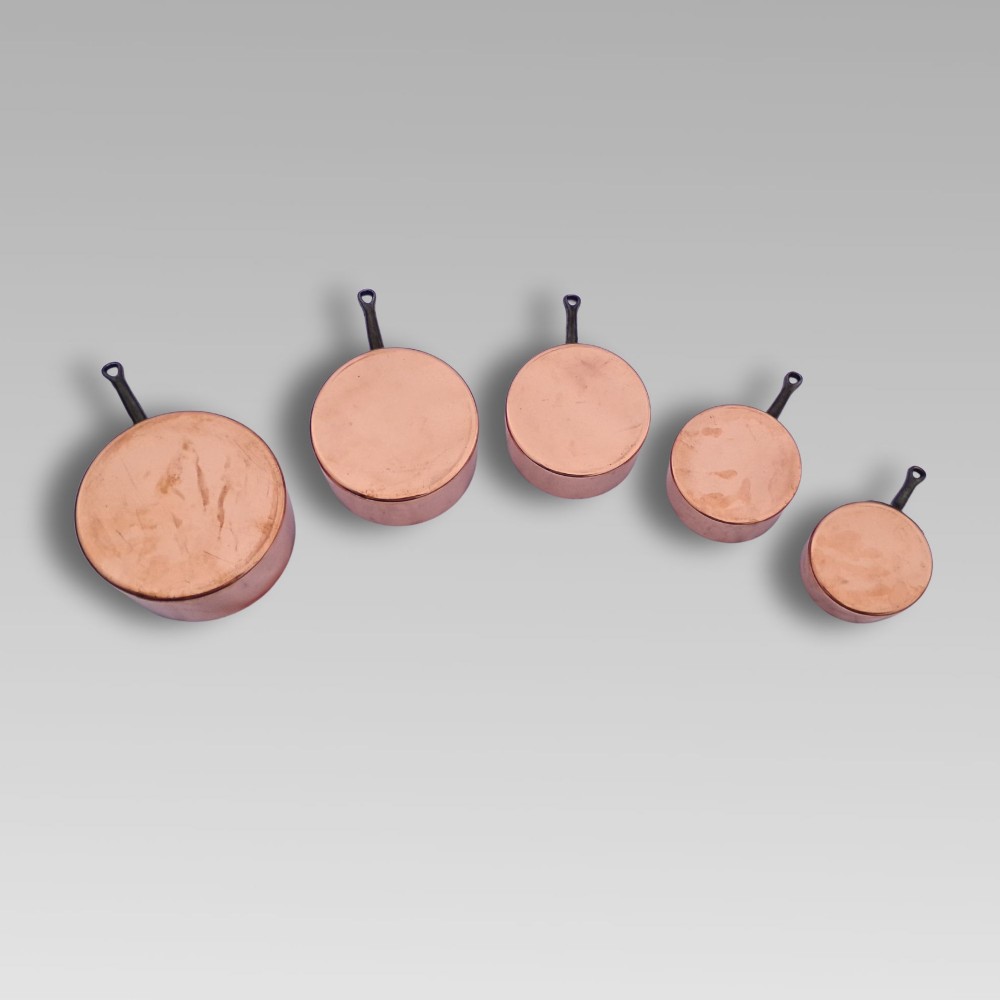Stunning Vintage French Set of 5 Graduated Copper & Iron Cooking Saucepans Pans View II