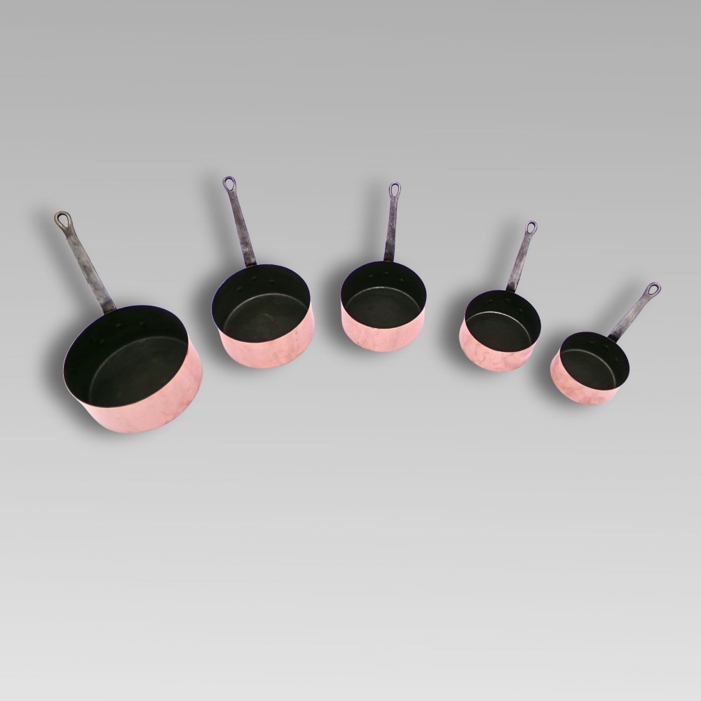 Stunning Vintage French Set of 5 Graduated Copper & Iron Cooking Saucepans Pans View VI
