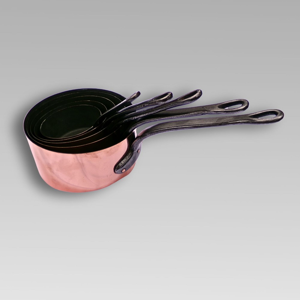 Stunning Vintage French Set of 5 Graduated Copper & Iron Cooking Saucepans Pans View VIII