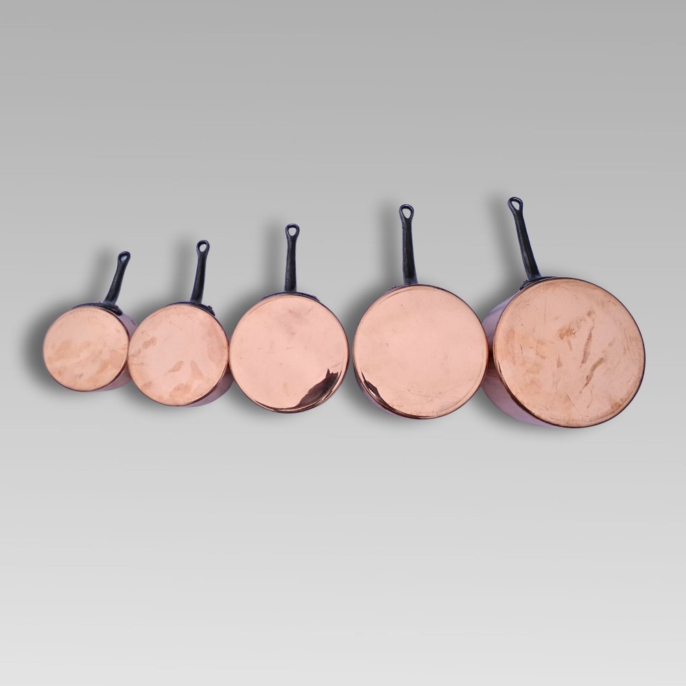 Stunning Vintage French Set of 5 Graduated Copper & Iron Cooking Saucepans Pans View X