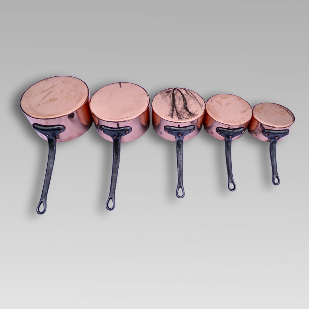 Stunning Vintage French Set of 5 Graduated Copper & Iron Cooking Saucepans Pans View XI