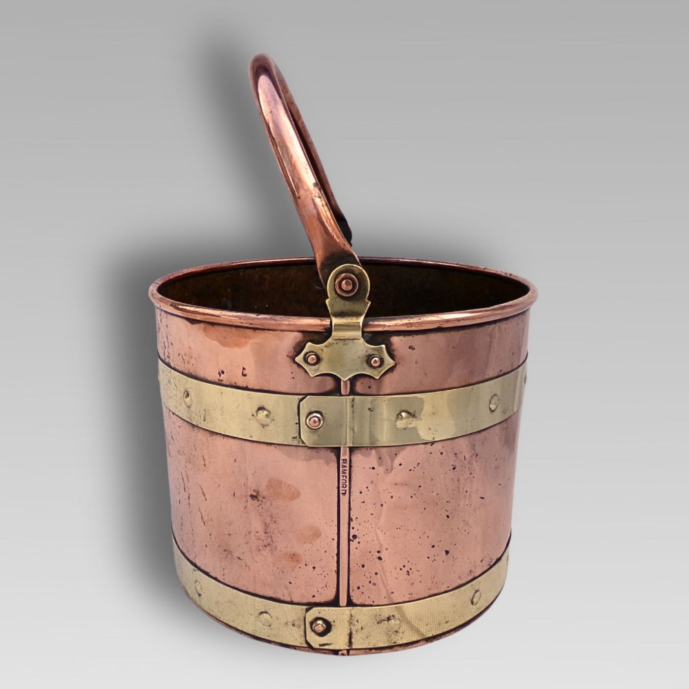 Fabulous English Antique Bamfords Copper & Brass Coal Bucket, Kindling Fireplace