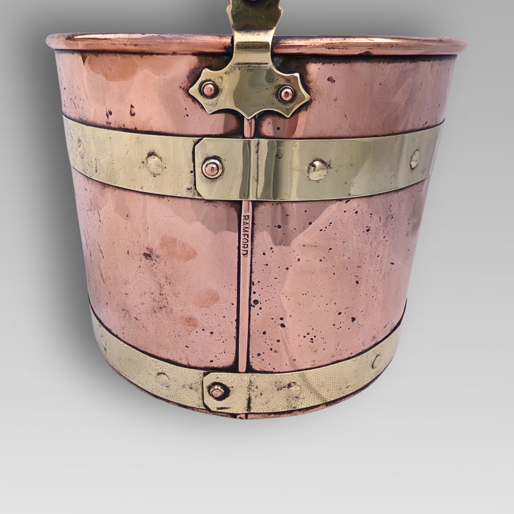Fabulous English Antique Bamfords Copper & Brass Coal Bucket, Kindling Fireplace View II