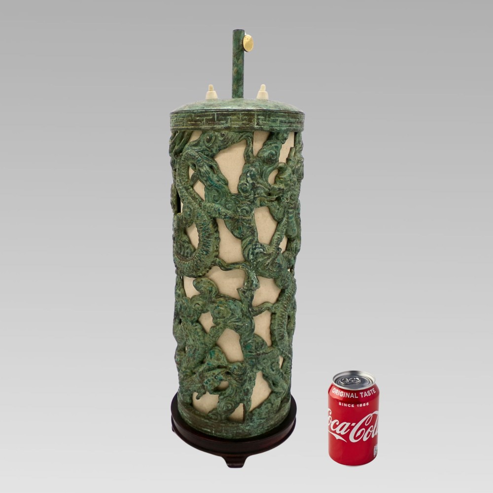 Large Quality Vintage Oriental Chinese Metal Green Dragon Verdigris Table Lamp