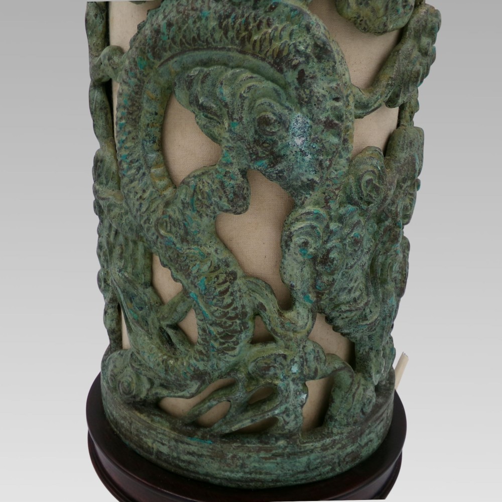 Large Quality Vintage Oriental Chinese Metal Green Dragon Verdigris Table Lamp View II