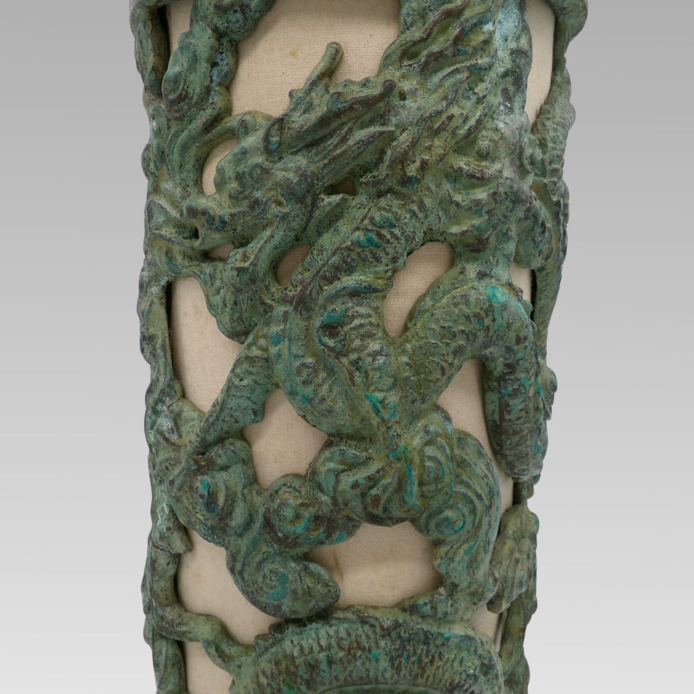 Large Quality Vintage Oriental Chinese Metal Green Dragon Verdigris Table Lamp View III