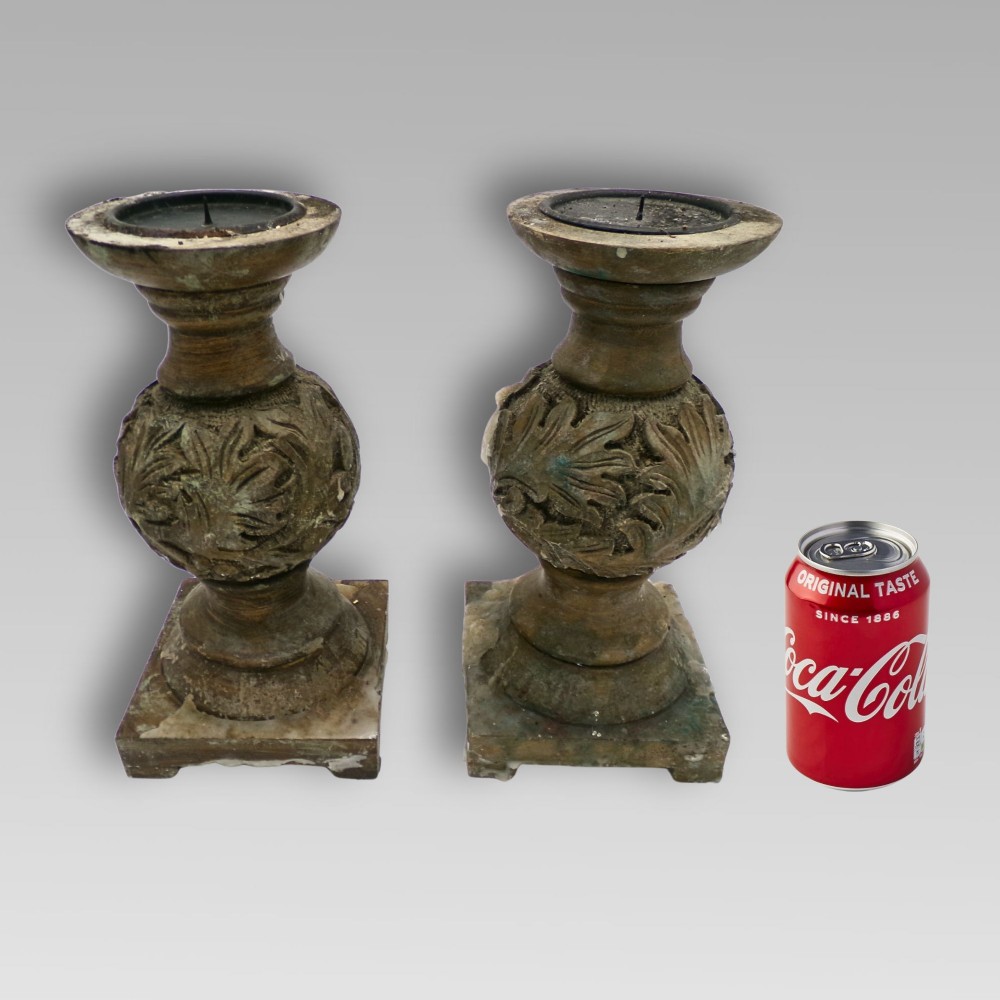 Fabulous Vintage Indian Hand Carved Bulbous Acanthus Leaf Pair of Candle Sticks