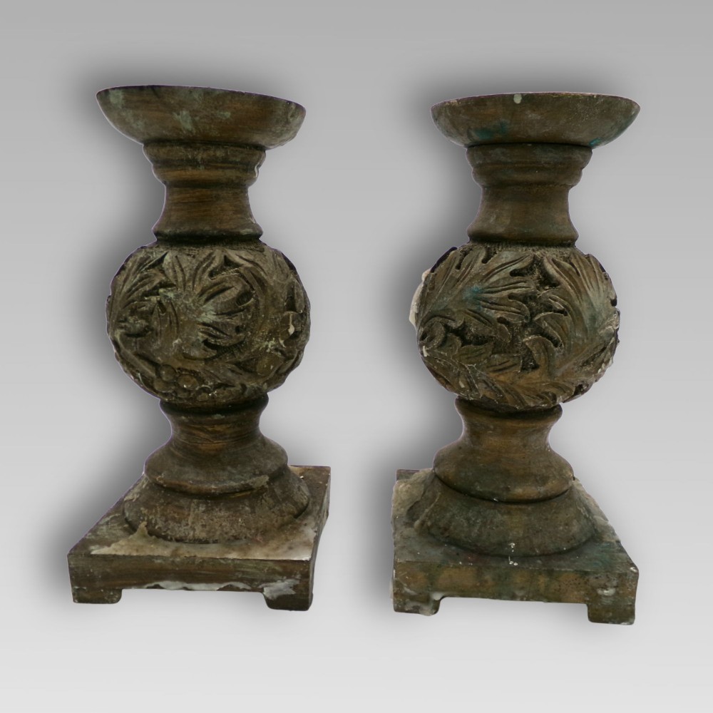Fabulous Vintage Indian Hand Carved Bulbous Acanthus Leaf Pair of Candle Sticks View II