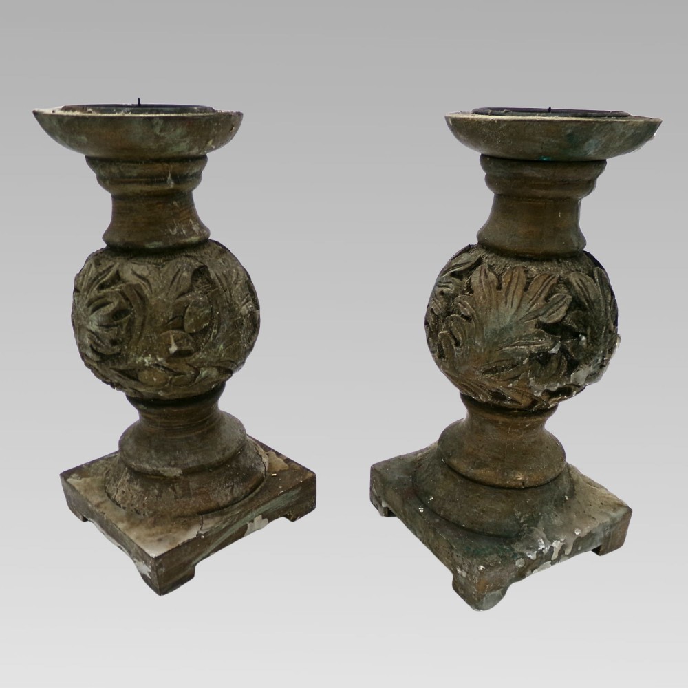 Fabulous Vintage Indian Hand Carved Bulbous Acanthus Leaf Pair of Candle Sticks View III