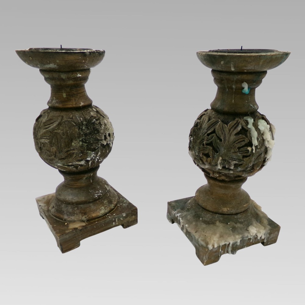 Fabulous Vintage Indian Hand Carved Bulbous Acanthus Leaf Pair of Candle Sticks View IV