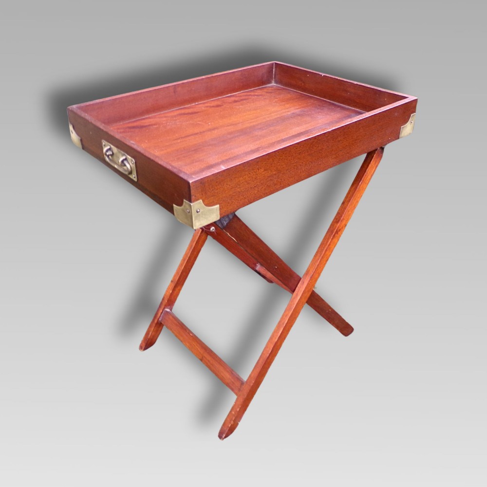 Excellent Vintage Mahogany Military Campaign Brass Butlers Tray Table on Stand