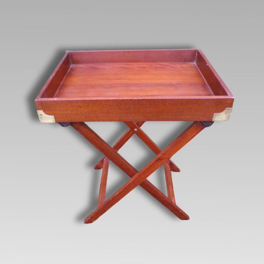 Excellent Vintage Mahogany Military Campaign Brass Butlers Tray Table on Stand View III
