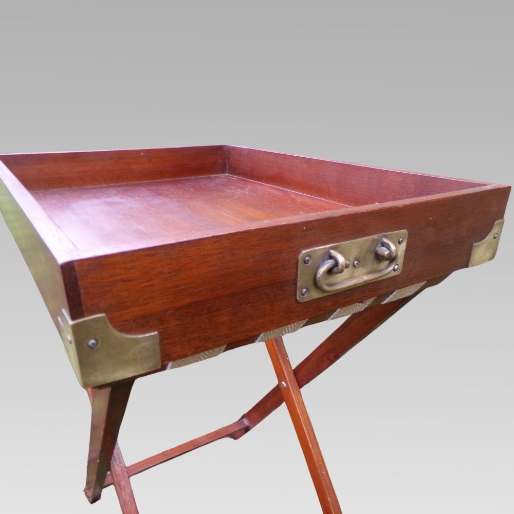 Excellent Vintage Mahogany Military Campaign Brass Butlers Tray Table on Stand View IV