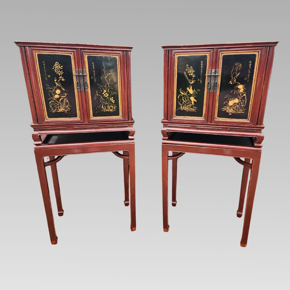 Stunning Chinoiserie Oriental Black Lacquer Chinese Storage Cabinets on Stands