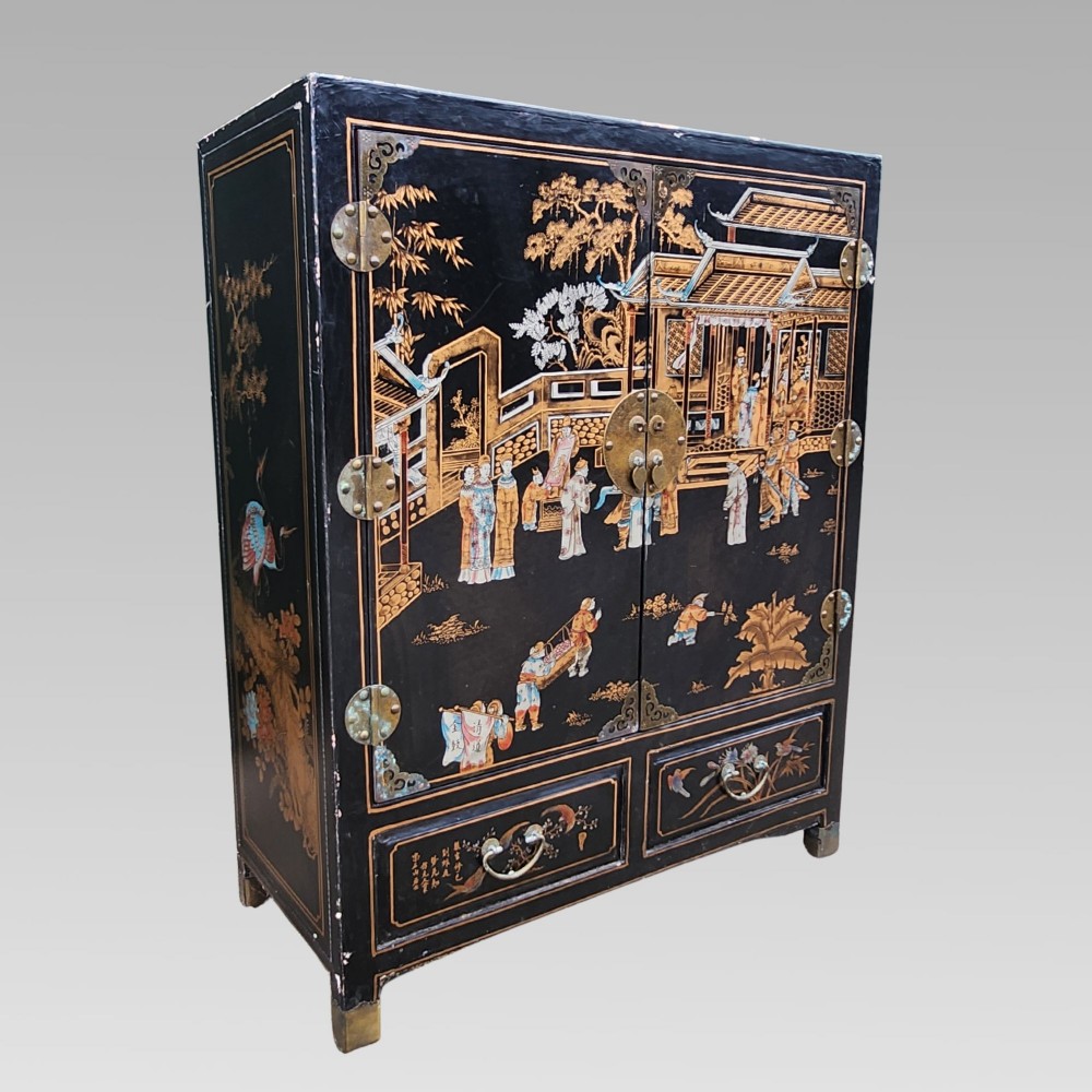 Original Quality Oriental Chinese Chinoiserie Black Lacquer Storage Cabinet