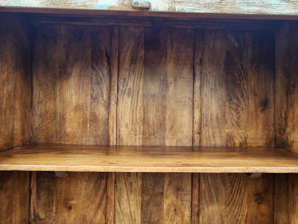 A tall reclaimed teak cupboard featuring two double doors with upper vertical metal slats and a distressed blue and raw timber finish. View VIII