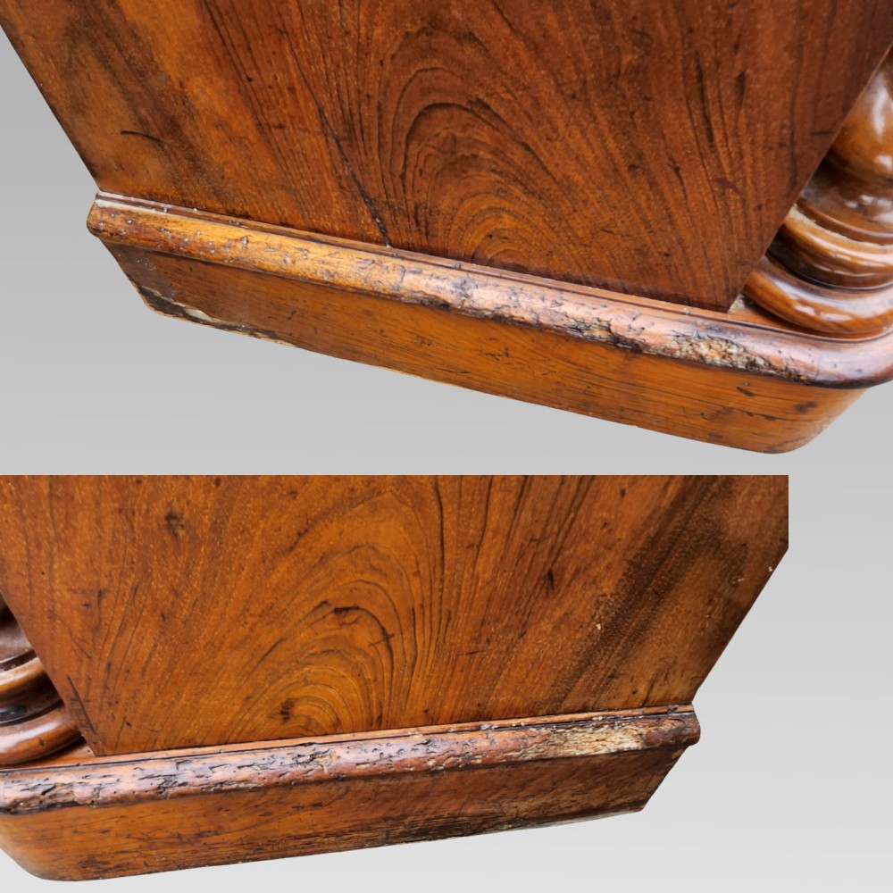 A late Victorian warm brown walnut open buffet sideboard featuring barley twist columns, two upper display shelves, and open base shelving. View VIII