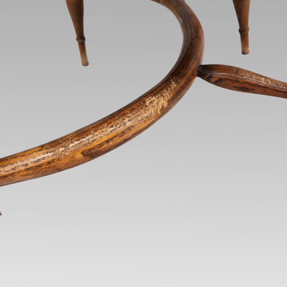 A pair of antique wooden Windsor armchairs featuring shaped elm seats, spindle backs with pierced central splats, and curved crinoline stretchers. View XI