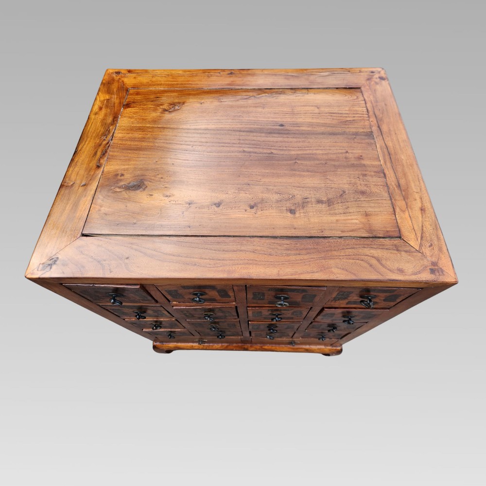 A tall warm brown elm apothecary chest featuring sixteen small labelled drawers above two wider base drawers with metal ring pulls. View VIII